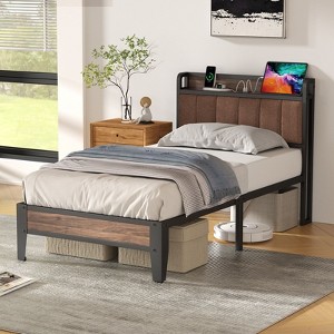 Lusimo Twin Bed Frame Upholstered Platform Bed with Storage Headboard and Charging Station - 1 of 4