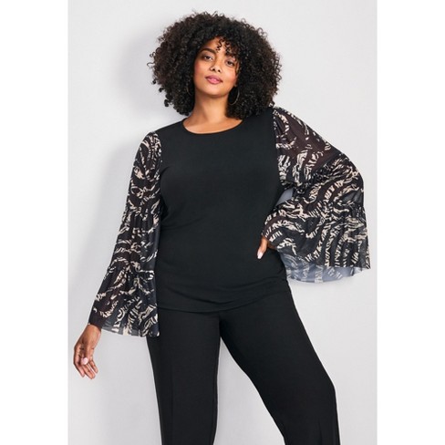 Avenue Women's Plus Size Mylo Mesh Print Bell Sleeve Top - image 1 of 4