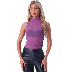 Allegra K Women's Mock Neck Ruched Sleeveless Mesh Summer Cropped Casual Tank Tops - 1 of 4