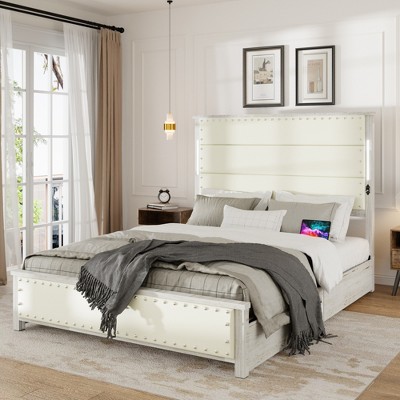 TiramisuBest Queen Size Bed Frame with Upholstered Headboard and 4 Storage Drawers - Antique White MDF+Metal Design