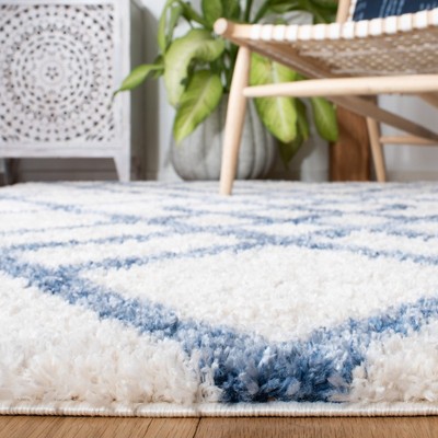 Ivory and Blue Geometric Shag Area Rug, 5'3" x 7'6"