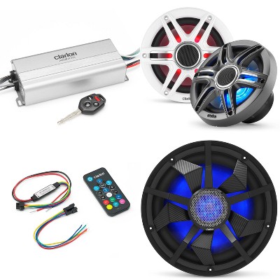 Clarion Marine 4 Channel Amp & Premium 6.5" w/ 12" Black Grill Boat Audio Upgrade Bundle ( Includes LED Remote )