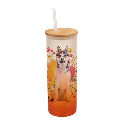 100 North 25 Ounce Frosted Glass Gradient Travel Tumbler With Straw & Wooden Lid, Siberian Husky Paint Splatter Orange