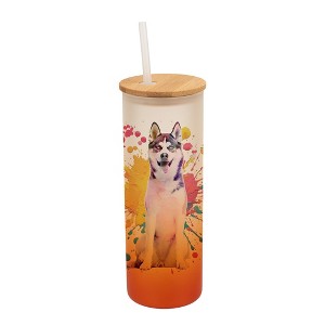 100 North 25 Ounce Frosted Glass Gradient Travel Tumbler With Straw & Wooden Lid, Siberian Husky Paint Splatter Orange - 1 of 4