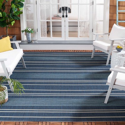 Navy and Blue Striped Rectangular Synthetic Indoor/Outdoor Rug, 8' x 11'