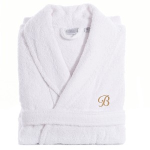 Linum Home Textiles 100% Turkish Cotton Unisex Personalized Terry Bathrobe White in Gold Script Font - 1 of 2
