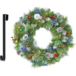Luupatchy 24-Inch Christmas Wreath with Multicolor LED Lights, Pine Cones & Red Berries - Includes Wreath Hanger,Green - 1 of 4