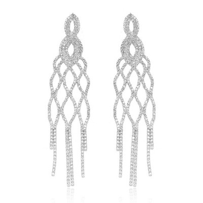 Gold Plated Exaggerated Extra-long Tassel Rhinestone Earrings for Women 1 Pair Shiny Bling Style