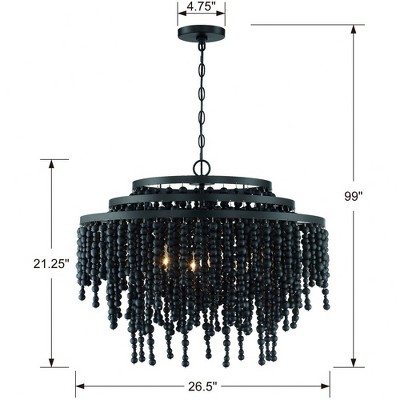 Matte Black Crystal Cascade 6-Light Chandelier with Black Wood Beads