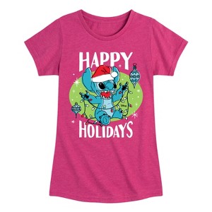 Girls' - Lilo and Stitch - Happy Holidays Christmas Fitted Short Sleeve Graphic T-Shirt - 1 of 4
