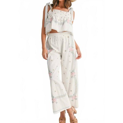 Women's Embroidered Tie Strap Top & Pants Set Of 2 - MABLE