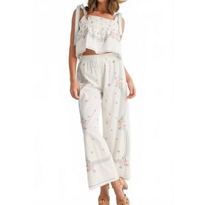 Women's Embroidered Tie Strap Top & Pants Set Of 2 - MABLE - 1 of 4