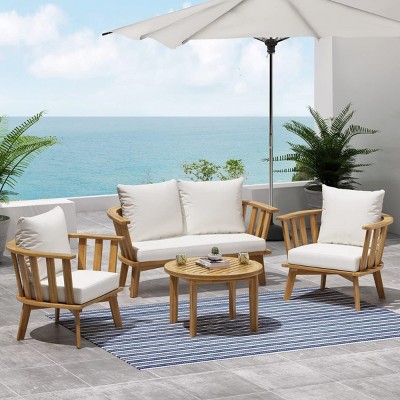 4-Pieces Acacia Wood Patio Seating Set With Wood Frame,Thick Cushion And Coffee Table,Outdoor Conversation Patio Set -Maison Boucle
