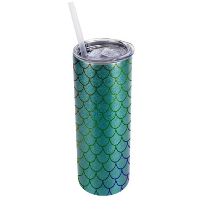 Elanze Designs Turquoise Blue 20 Ounce Double Wall Stainless Steel Glitter Travel Tumbler With Sliding Lid And Straw, Rainbow Mermaid Scales