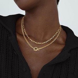 HTUTWOO Gold Layered Necklaces for Women, 18K Dainty Gold Chain Necklace Women Trendy Cuban Link Paperclip Chain Toggle Clasp Necklace - 1 of 4