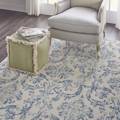 Elegant Ivory and Blue Damask 7' x 10' Synthetic Area Rug