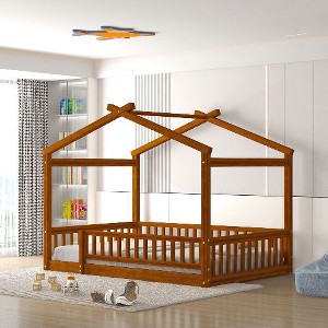 CAVINAS Twin Size Bed Frame, Wood Bed House Bed Frame with Fence, House-Shaped Floor Bed for Kids, Teens, Girls, Boys, Floor Platform Bed - 1 of 4