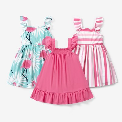 PATPAT Multipack 3pk Girl Toddler Dresses Sleeveless Flamingo Striped Toddler Casual Ruffle Cute Dresses