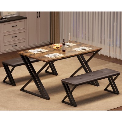 3-Piece Retro Brown Dining Set | Rectangular Table + 2 Upholstered Benches (Seats 4) | Chamfered Metal Frame for Small Kitchens/Apartments