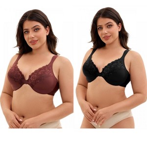 INSPIRE CHIC 2 Pcs Women's Front Closure Lace Trim Underwire Adjustable Straps Plunge Bras - 1 of 4
