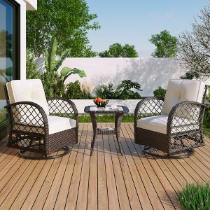 JUJABU 3-piece Outdoor Rattan Seating Set with Two Swivel Chairs and a Square Table - 1 of 4