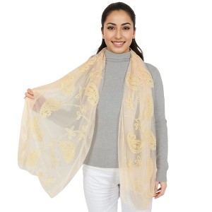 Anna-Kaci Women's Embroidered Floral Lace Scarf Solid Double Layered Faux Pearls Long Wrap Scarf - 1 of 4