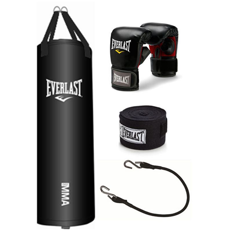 Everlast Nevatear Durable 70 Pound Hangable Heavy Punching Bag with Boxing Gloves, Hand Wraps, Bungee Cord, and Assembly Chain, Black, 1 of 2