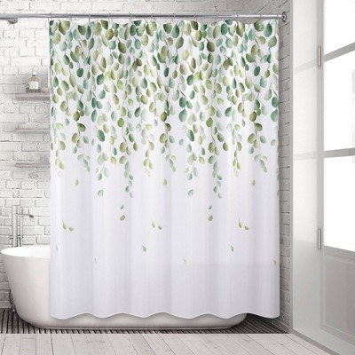 Green and White Botanical Polyester Shower Curtain