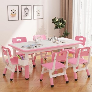 Height Adjustable Toddler Table and Chair Set for 4, Graffiti Desktop, Non-Slip Design, for Home Daycare Preschool for Ages 2-8 Natural 5 pcs - 1 of 4