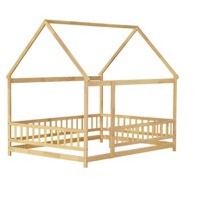 Bellemave Kids Montessori Full Floor Bed with Roof, Wooden Playhouse Design Bed Frame for Girls & Boys, White (No Slats)
