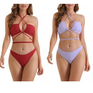 INSPIRE CHIC Women's Halter Double Lace Up Tie Back Triangle Bottoms Swimwear Bathing Bikini Suits 2 Sets - 1 of 4