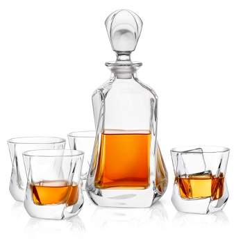 JoyJolt Aurora Whiskey Decanter Bar Set - Set of 5 - Scotch Decanter & Old Fashioned Whiskey Glasses