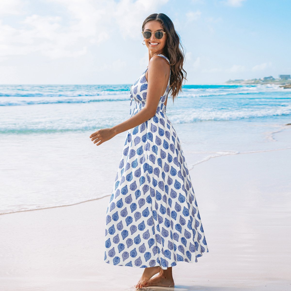 Женские платья Cupshe Women's Breezy Blue Leaf Print Maxi Beach Dress-L-Blue — фото 2