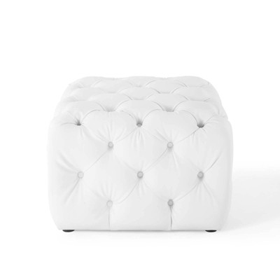 Luxe White Faux Leather Tufted Square Ottoman with Dense Foam Padding