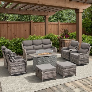 Belord High Back Outdoor Furniture with 6-Inch Thick Cushion, Patio Furniture Set with Fire Pit Table & Swivel Chair, 8PCS Wicker Conversation Set - 1 of 4