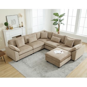 L-Shaped Sectional Sofas Couch Set, 6-Seater Corduroy Upholstered Deep Seat Sofa for Living Room, Comfortable Modular Sectional with 7 Free Pillows - 1 of 4