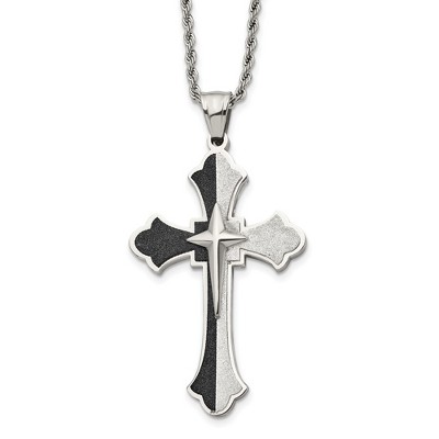 Black Bow Jewelry Stainless Steel & Black Plated Large Fleur de lis Cross Necklace, 24in