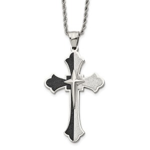 Black Bow Jewelry Stainless Steel & Black Plated Large Fleur de lis Cross Necklace, 24in - 1 of 4