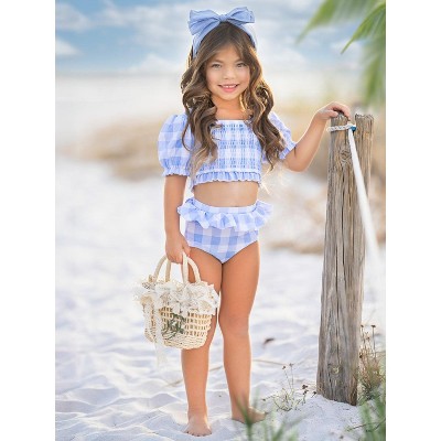 Mia Belle Girls Blue Skies Gingham Puff Sleeve Two-Piece Swimsuit Mia Belle Girls, Blue, 10 — фото 4