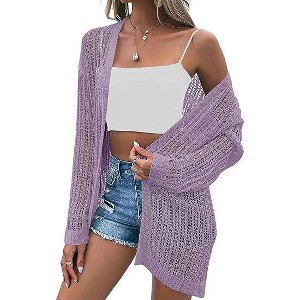 Coolmee Women's Crochet Lightweight Cardigan Cover Up Open Front Long Sleeve Summer Cardigans - 1 of 4