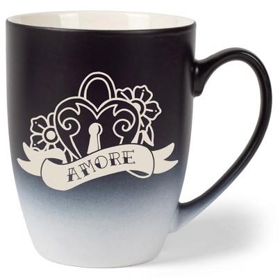 100 North Floral Heart 10 Ounce Black and White Two Toned Ombre, Comfortably Fits Your Hands, Ceramic Tea Coffee Cup Mug, Amore