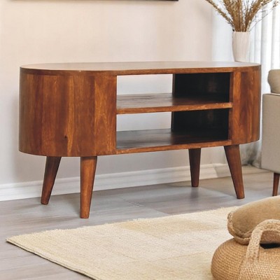 35" Solid Mango Wood TV Stand Media Unit with Sleek Silhouette and Nordic Legs for Living Room and Bedroom