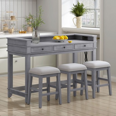 NicBex Dining Table Set for 4 Bar Table Set with 3 Upholstered Stools 3 Drawers for Kitchen