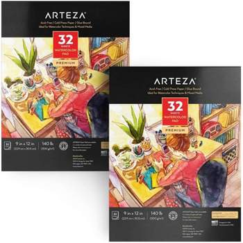 Arteza Premium Watercolor Mixed Media Pad, Heavyweight Cold-Pressed Paper, 9"x12", 32 Sheets - 2 Pack