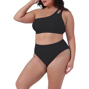 Agnes Orinda Women's Plus Size High Waisted Two Piece One Shoulder Keyhole Swimsuit Bathing Bikini Suits - 1 of 4