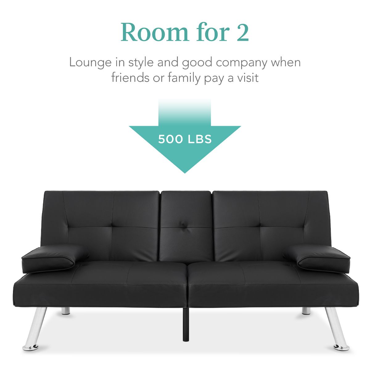 Best Choice Products Modern Faux Leather Convertible Futon Sofa w/ Removable Armrests, 2 Cupholders - Black - thumbnail 3