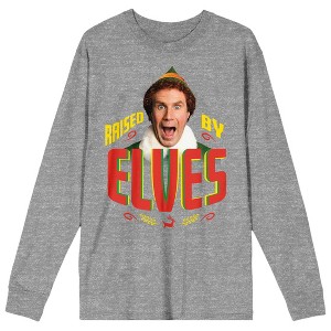 Elf Movie Buddy Raised By Elves Women's Heather Gray Long Sleeve Crew Neck Tee - 1 of 3