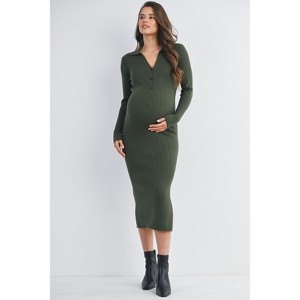 Hello Miz Women's Long Sleeve Ribbed Collared V Neck Maternity Midi Dress - 1 of 4