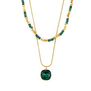 Clotth Layered Natural Gemstone Beaded Necklace with Crystal Pendant for Women - Stainless Steel Fashionable Collar Chain Jewelry,Gold double necklace - 1 of 4