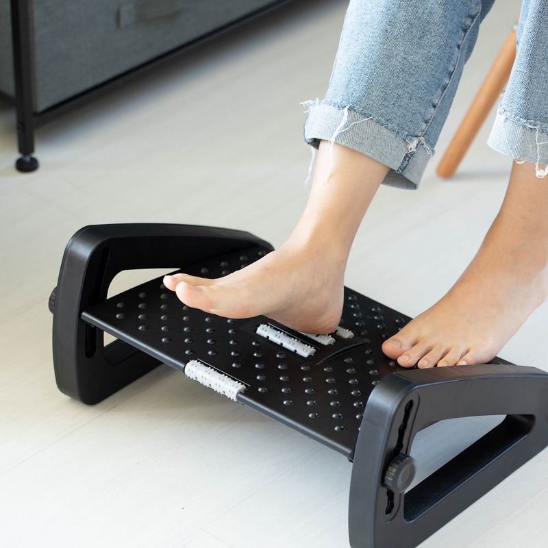 Basicwise Black Triangular Footrest Massage Under Desk with Soothing Massage Points and Rollers, Adjustable Foot Stool Support with 6 Height Positions, 2 of 8